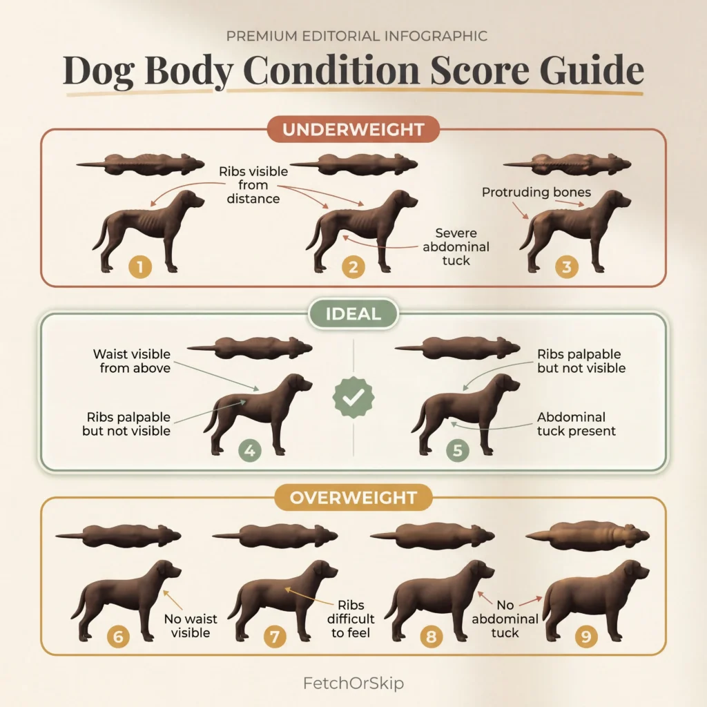 Body condition score chart showing nine levels from underweight to obese for assessing if a dog needs diet food