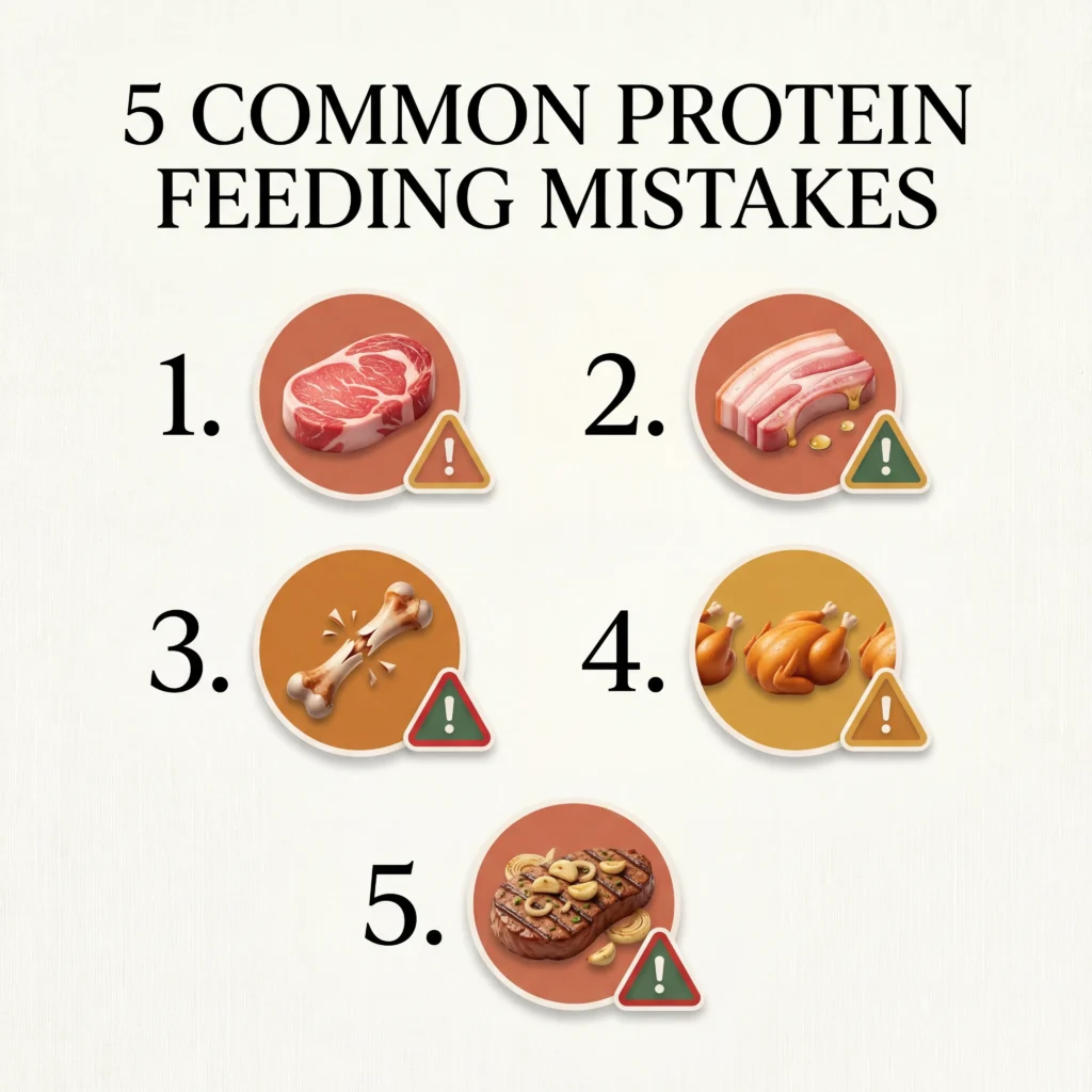 Common dog feeding mistakes infographic showing bone splintering danger ignoring fat content and risks of seasoned scraps with garlic and onion