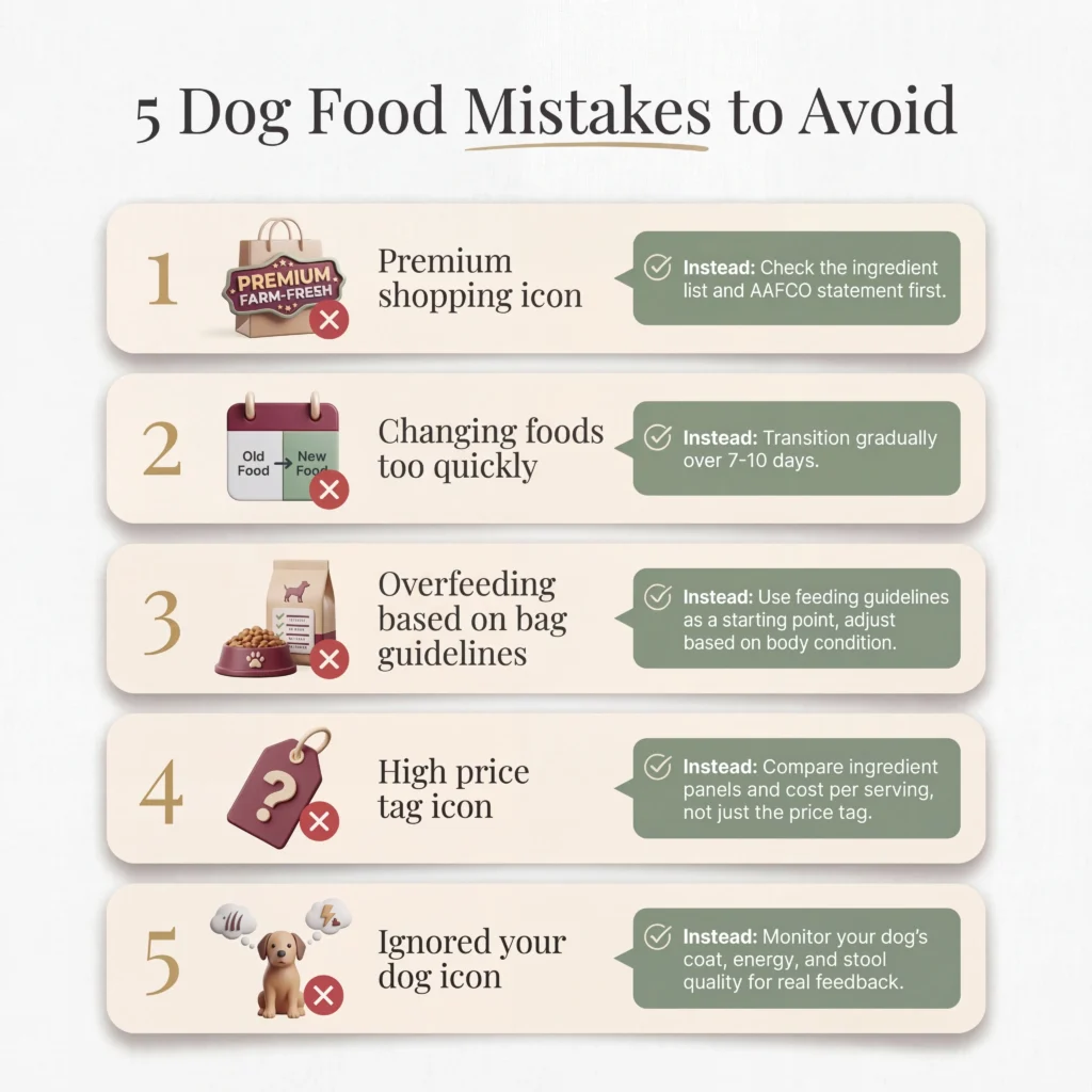 Common dog food buying mistakes infographic showing five errors pet owners make and how to avoid them