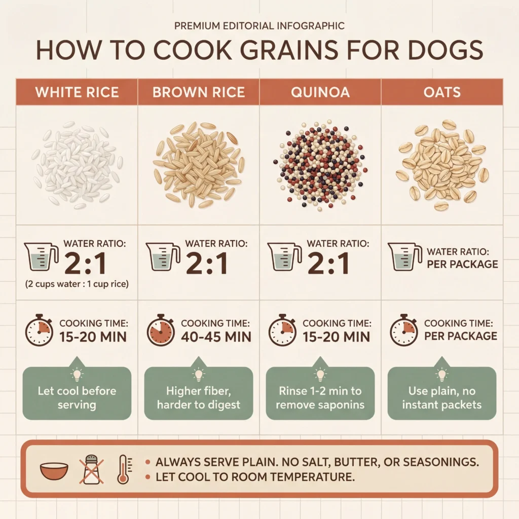 Cooking grains for dogs reference guide showing water ratios and times for rice quinoa oats with preparation tips for each grain