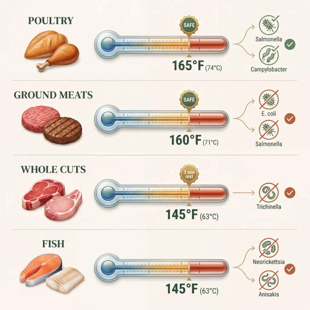 Cooking temperatures for raw meat for dogs showing 165°F for poultry 160°F for ground meat and 145°F for fish to kill pathogens