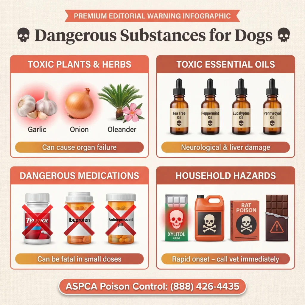 Dangerous substances for dogs warning infographic showing toxic herbs essential oils medications and household hazards like xylitol and antifreeze