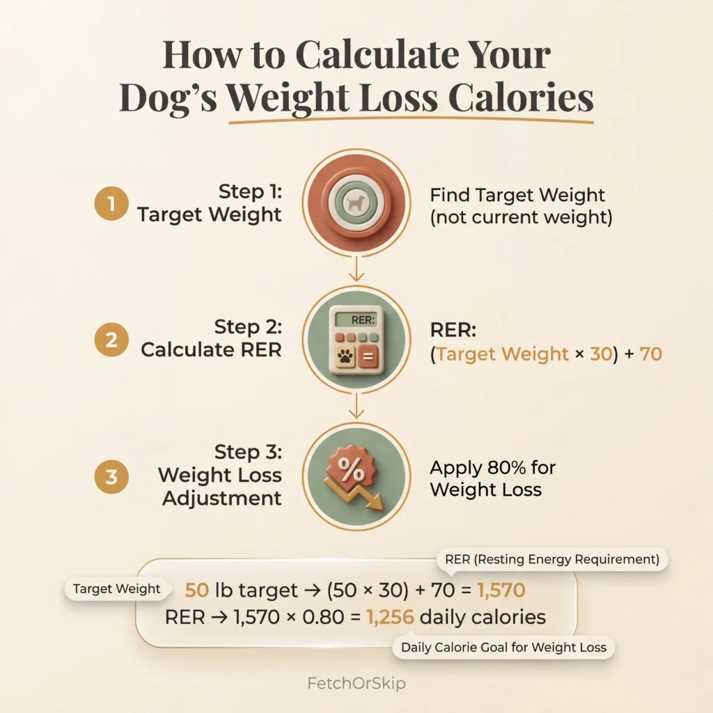 Dog calorie calculation infographic showing the three-step RER formula for determining daily calorie needs for canine weight loss