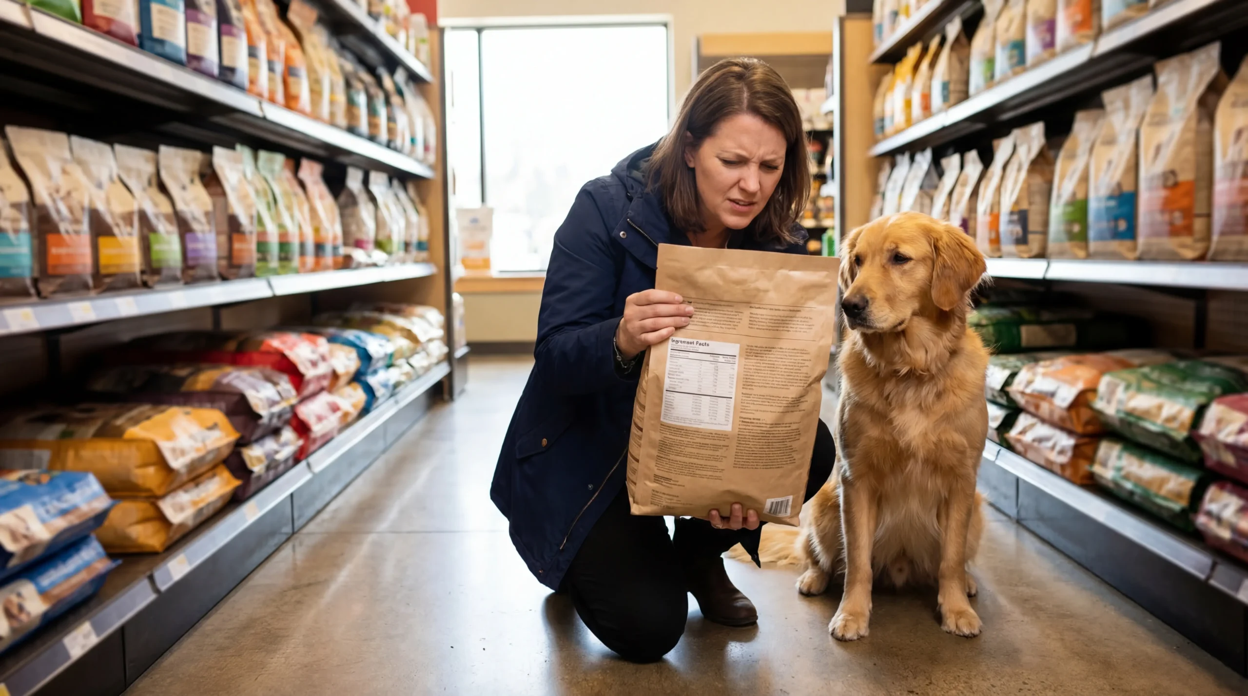 Dog owner carefully reading ingredient label on dog food bag in pet store aisle while their dog waits attentively beside them