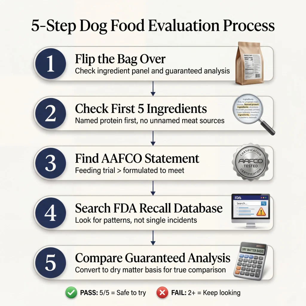 Five step flowchart process for evaluating dog food brands showing how to check ingredients AAFCO statement FDA recalls and guaranteed analysis