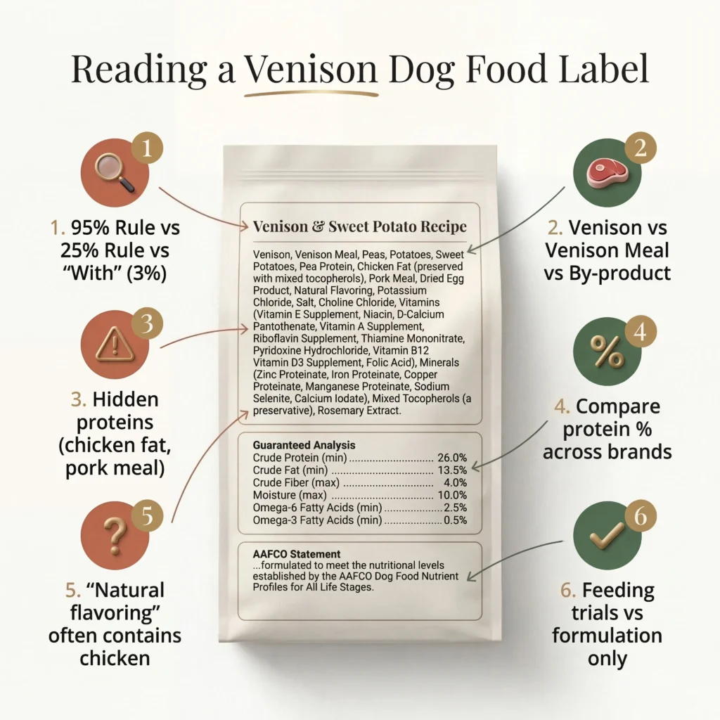 Annotated dog food label diagram showing six key areas to check including ingredient order hidden proteins and AAFCO statements