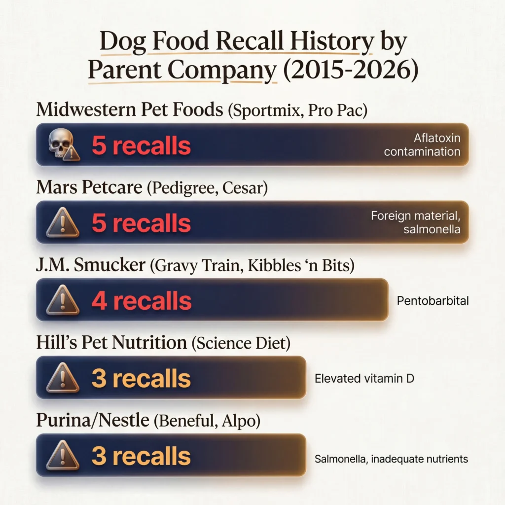 Data visualization comparing FDA recall histories of worst dog food brands showing Midwestern Pet Foods Mars Petcare and JM Smucker with most recalls