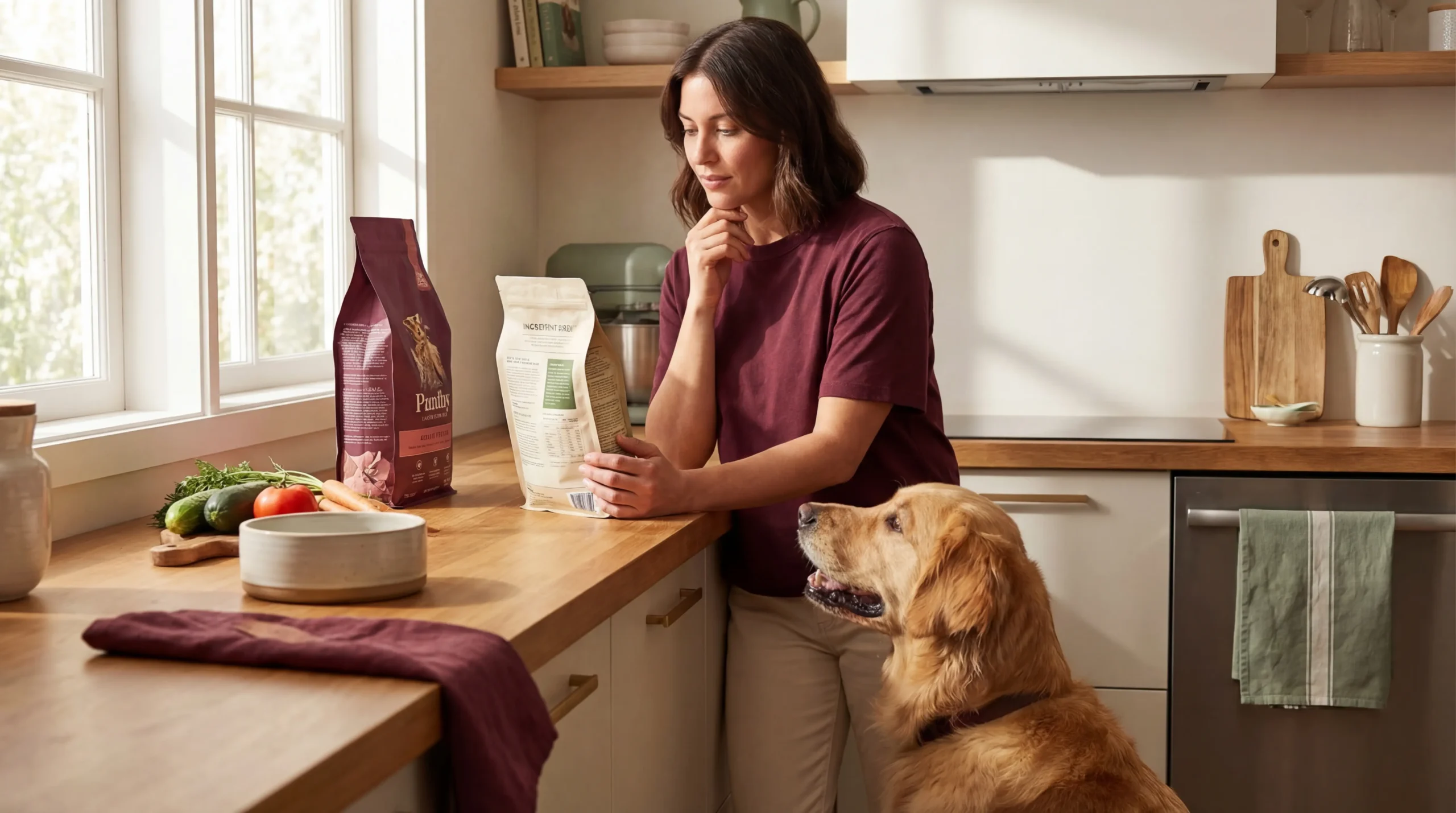 Dog food selection guide showing owner comparing two dog food bags while golden retriever watches attentively in bright kitchen