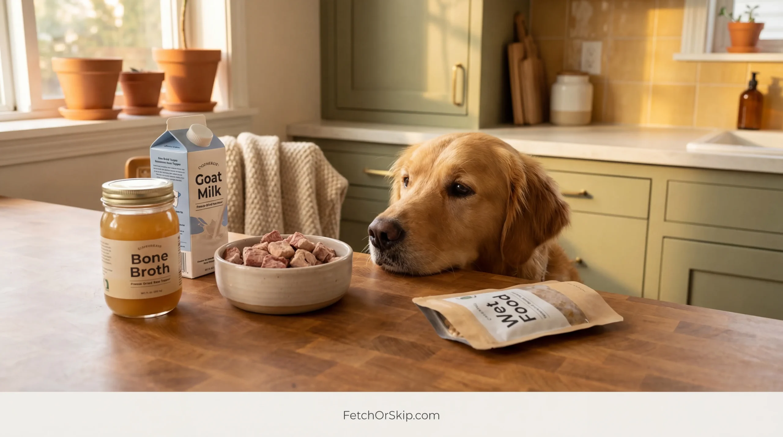 Dog food toppers including bone broth freeze-dried pieces and goat milk arranged on kitchen counter with attentive dog watching