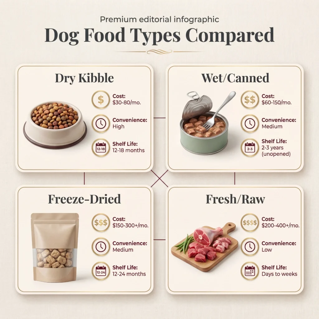 Dog food types comparison showing kibble, wet food, freeze-dried, and fresh raw options with cost and convenience ratings