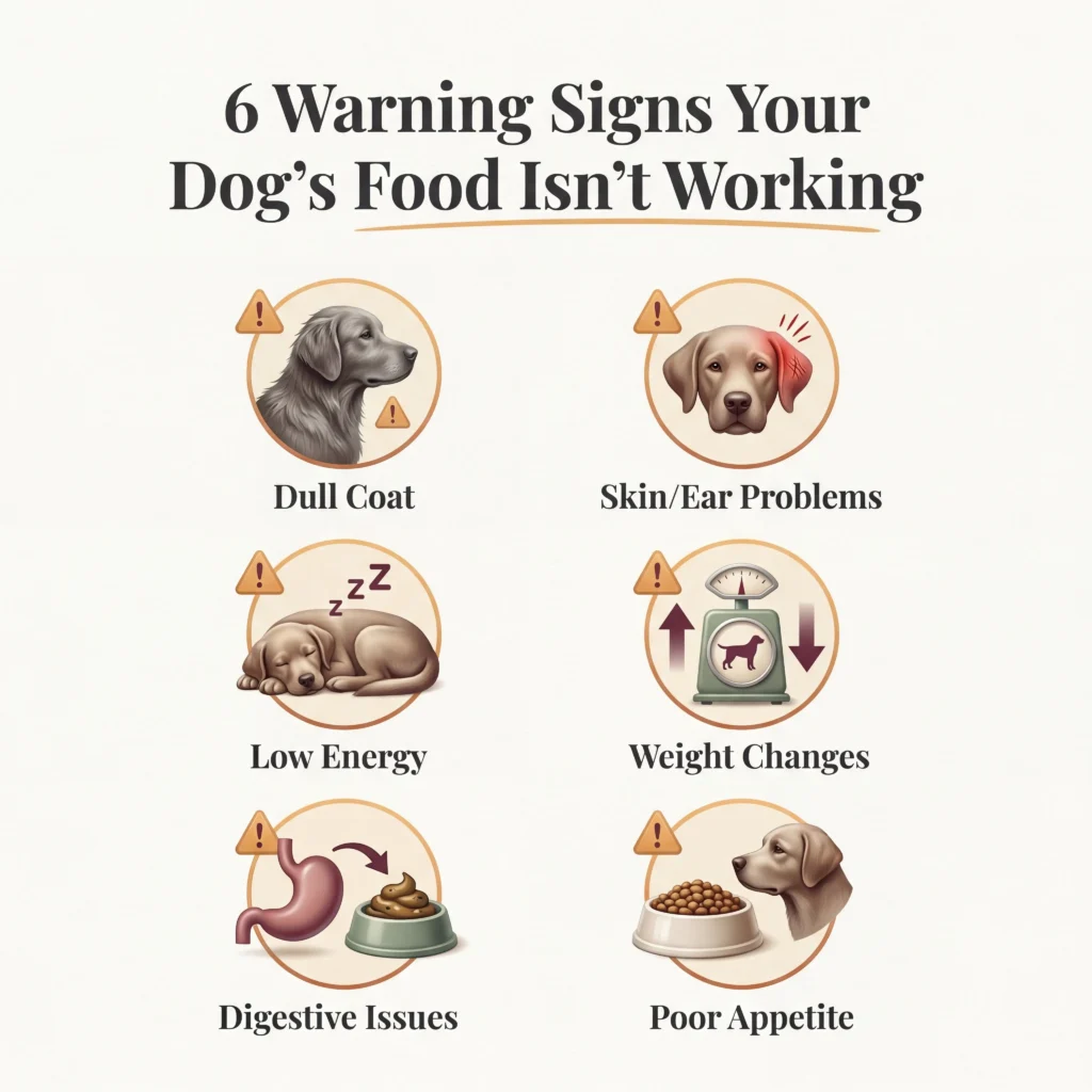 Dog food warning signs checklist showing six symptoms that indicate your current food may not be working for your dog