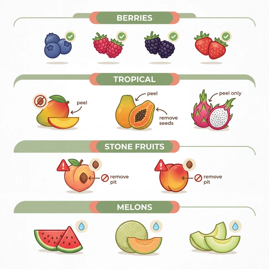 Dog safe fruits organized by category showing berries tropical fruits stone fruits and melons with preparation indicators