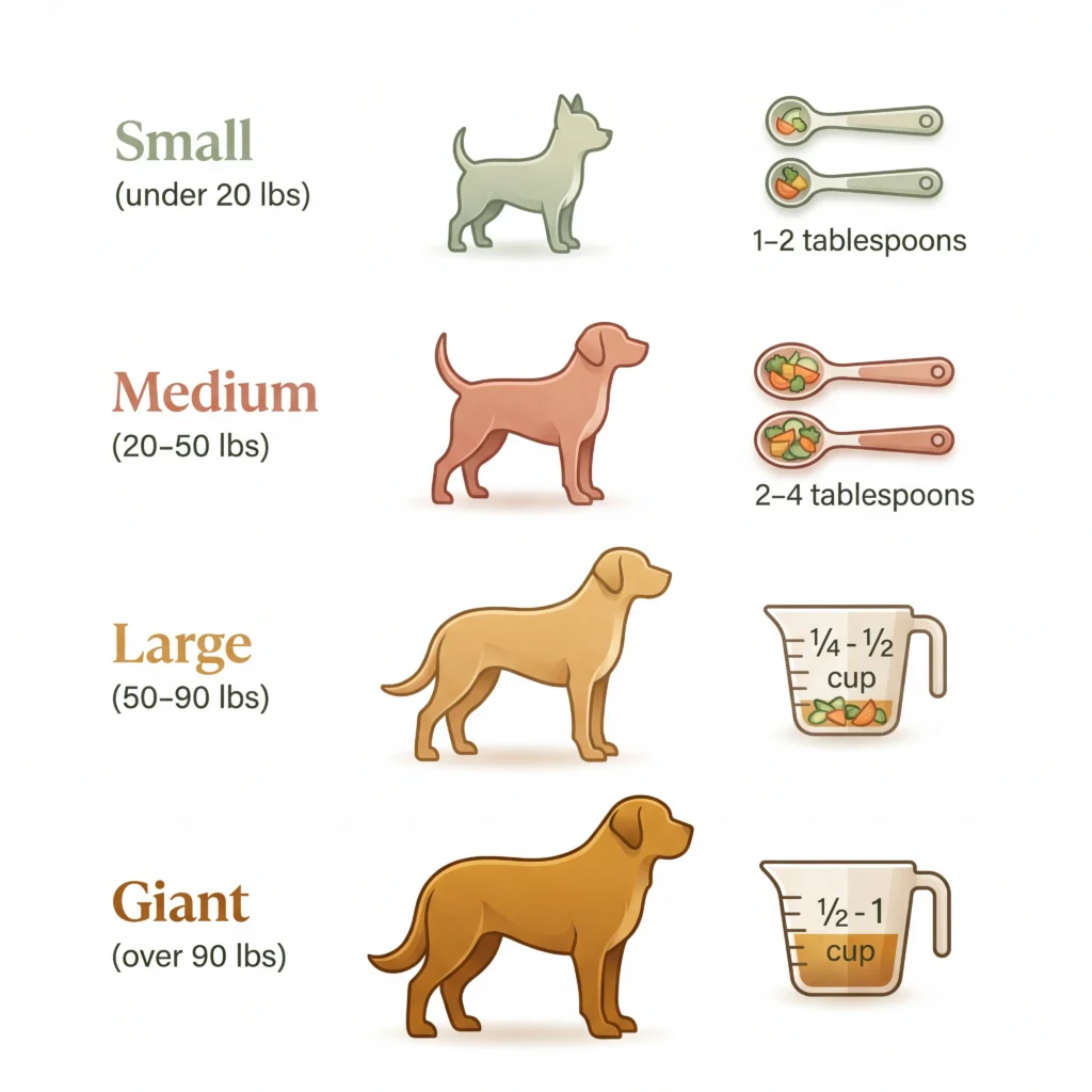 Portion guide infographic showing recommended vegetable amounts for small medium large and giant dogs with measuring visuals