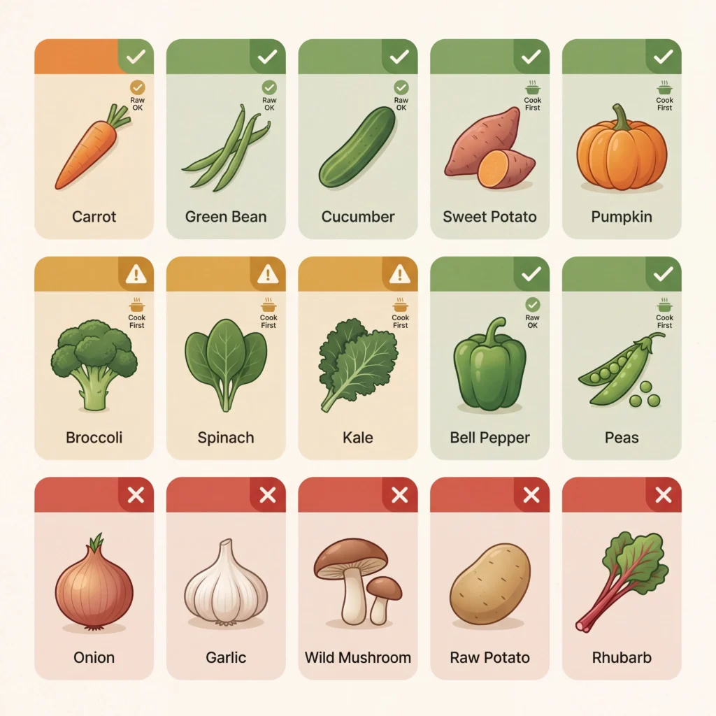 Quick reference safety chart showing common vegetables rated safe caution or toxic for dogs with visual status indicators