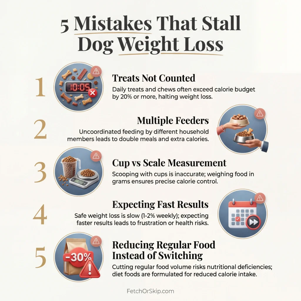 Five common dog weight loss mistakes infographic showing treats not counted and measurement errors that stall diet progress