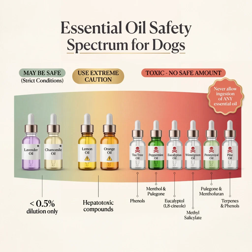 Essential oils safe for dogs spectrum diagram showing lavender as potentially safe and tea tree peppermint eucalyptus as toxic