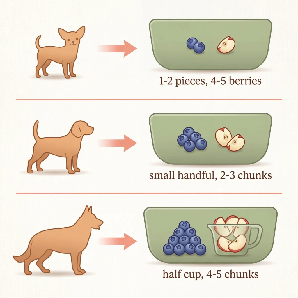 Fruit serving size guide for dogs showing small medium and large dog portions from a few berries to half cup