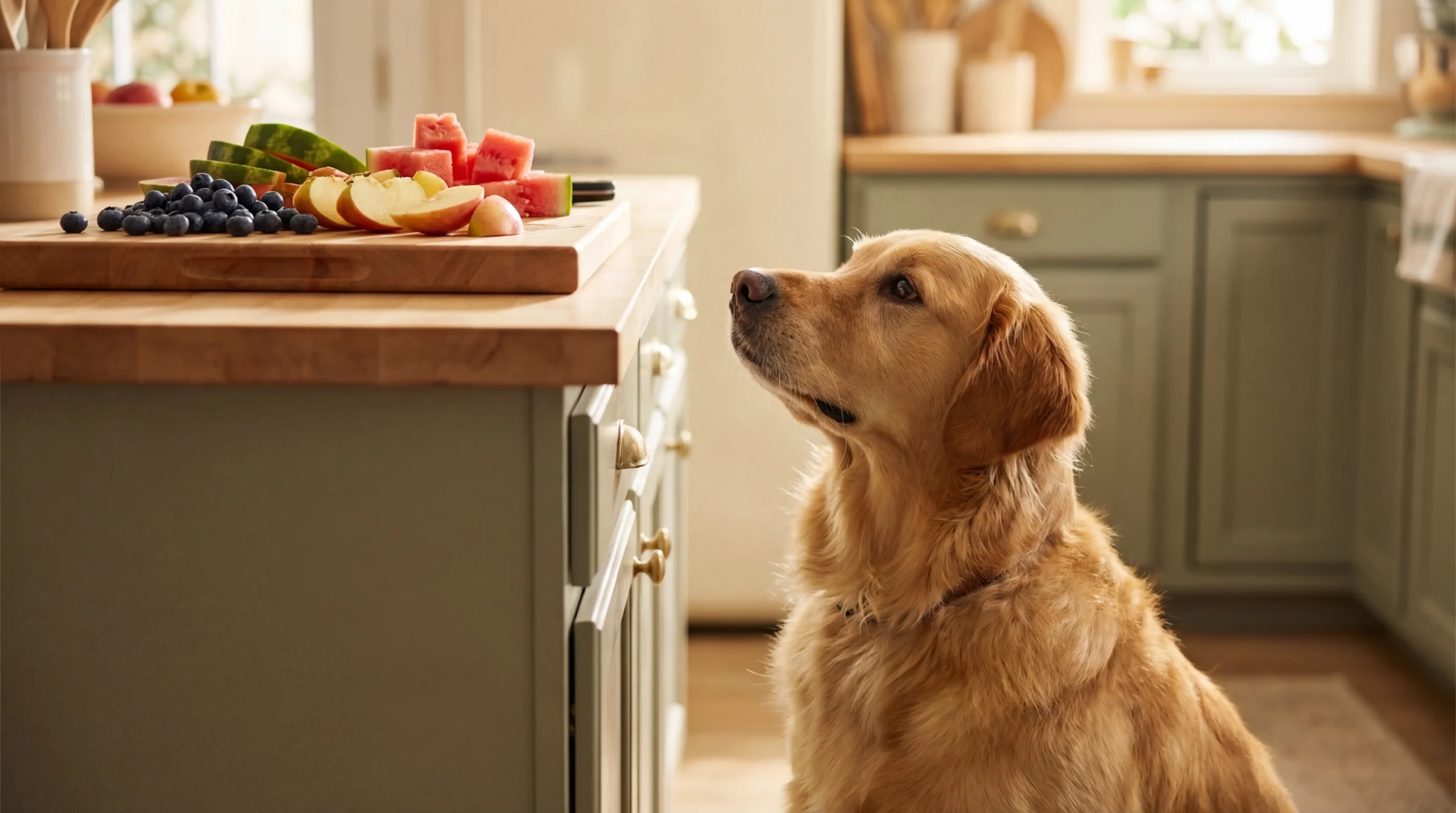 Happy dog in kitchen looking at fresh fruits dogs can and cannot eat including blueberries and watermelon on cutting board