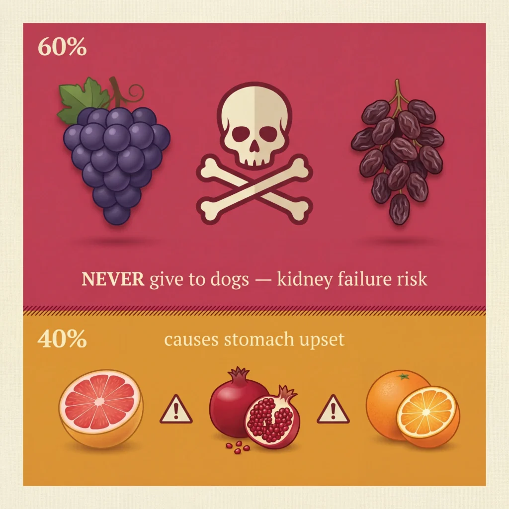 Fruits toxic to dogs showing grapes and raisins as dangerous and grapefruit pomegranate as risky in warning hierarchy