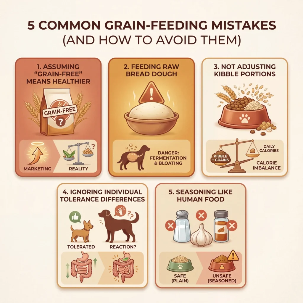 Grain feeding mistakes for dogs infographic showing five common errors including raw dough danger and seasoning warnings