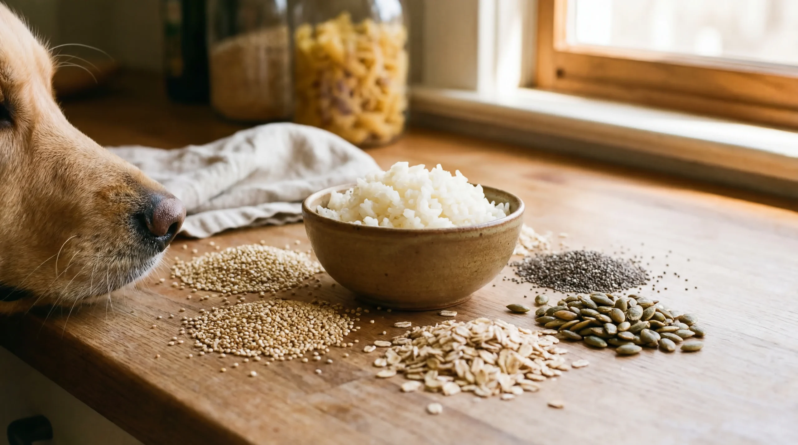 Grains and seeds dogs can eat including rice quinoa oats and chia arranged on a wooden surface with a curious golden retriever