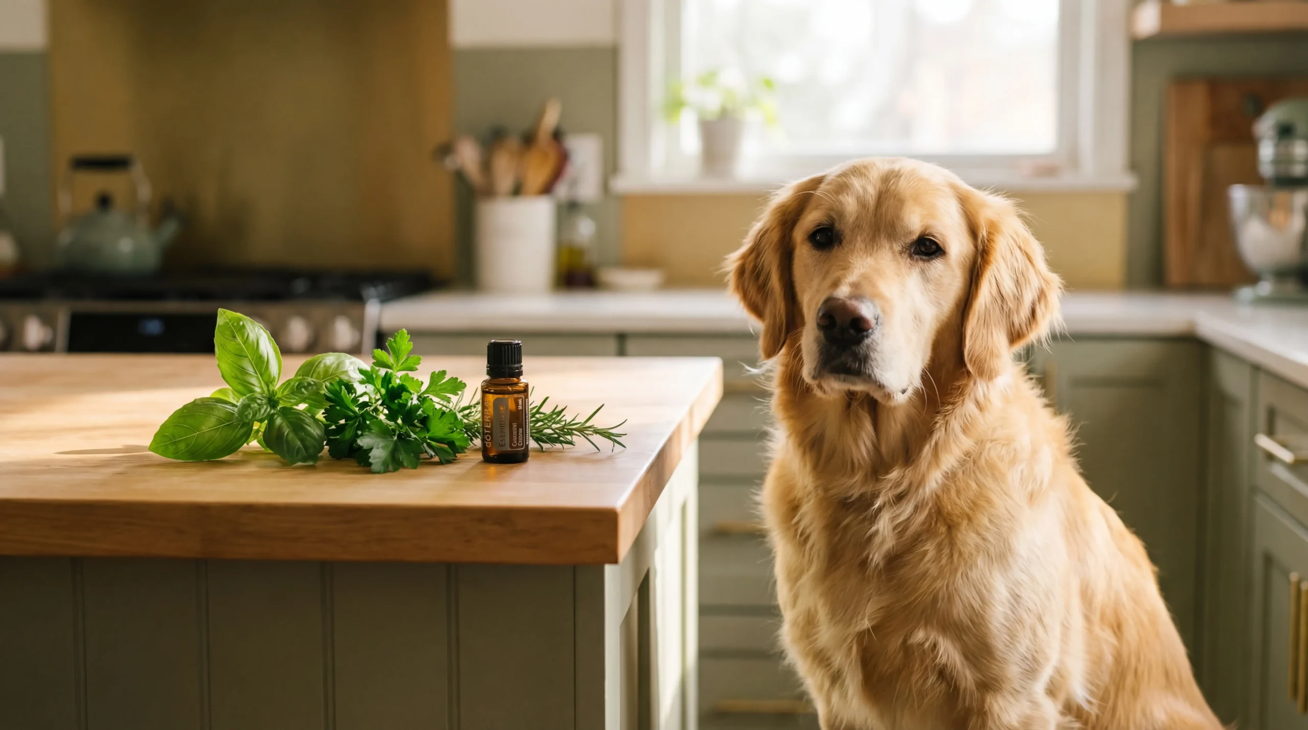 Golden retriever beside kitchen counter with fresh herbs and essential oil bottle representing herbs oils and medication safe for dogs