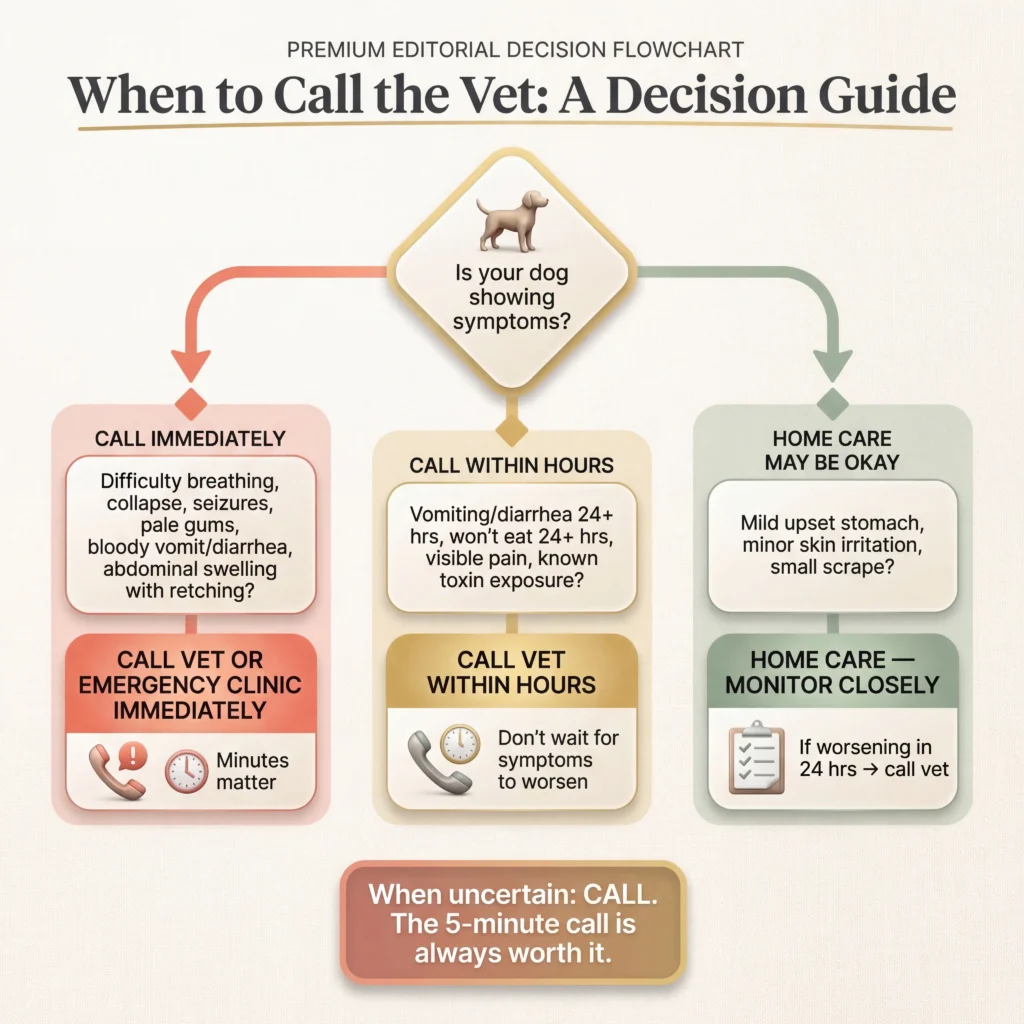 Home remedies for dogs versus vet visit decision flowchart showing when symptoms require immediate emergency or same-day veterinary care