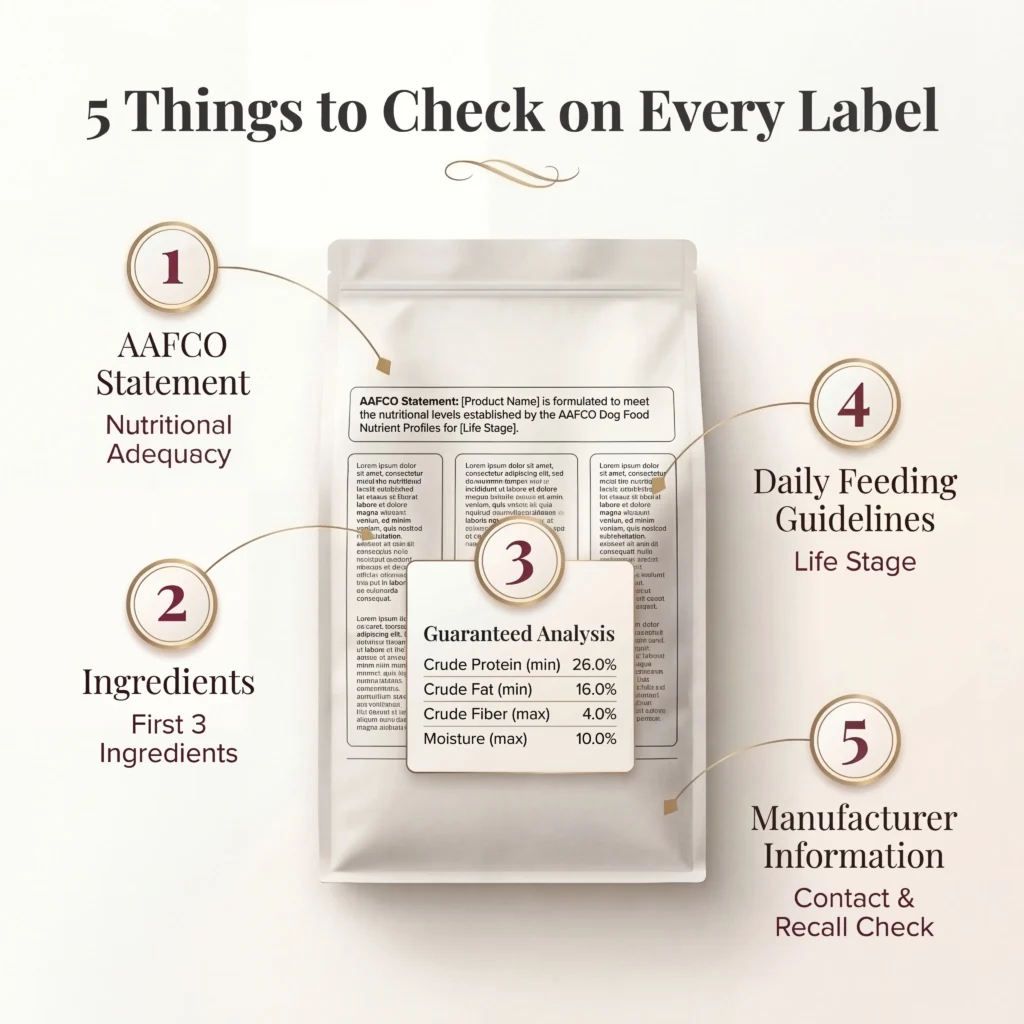 How to read a dog food label diagram showing five key areas to check including AAFCO statement, ingredients, and guaranteed analysis