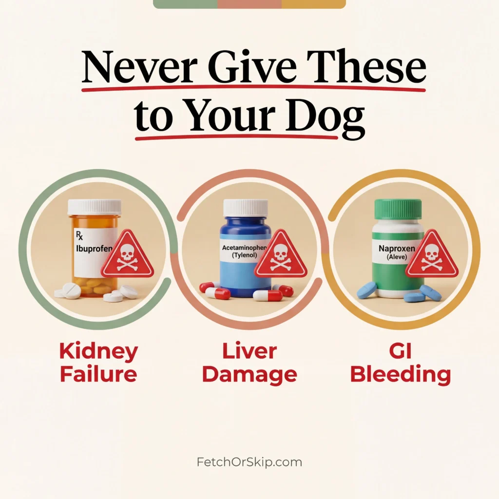 Warning infographic showing ibuprofen acetaminophen and naproxen as human pain meds dangerous for dogs causing organ damage