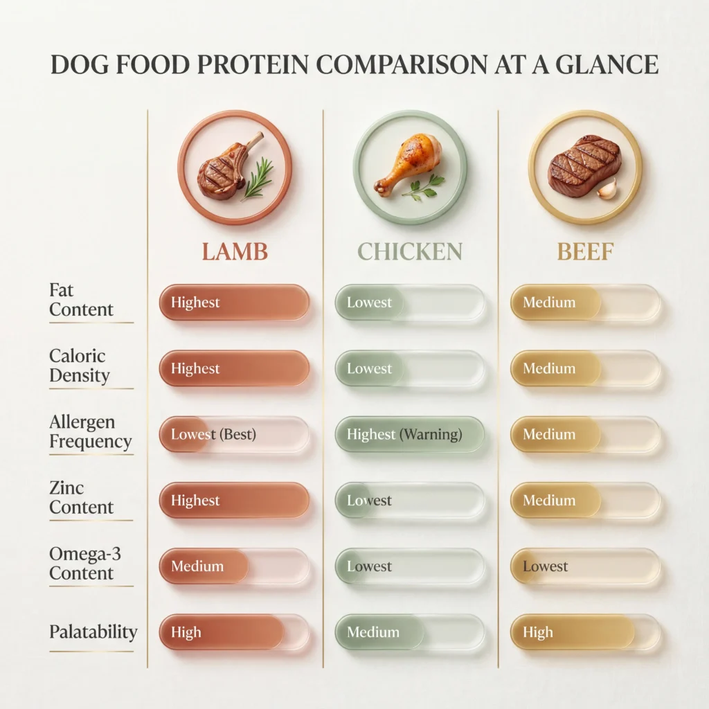 Lamb versus chicken versus beef nutritional comparison chart showing fat content caloric density and allergen frequency for dogs