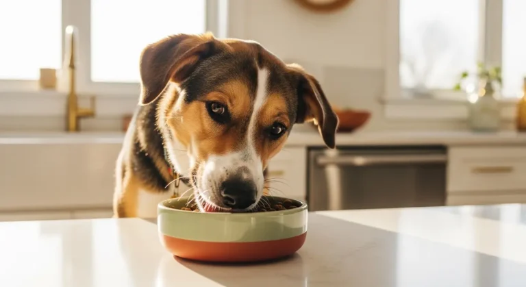 Happy dog eating lamb dog food from a ceramic bowl in a bright modern kitchen with natural lighting