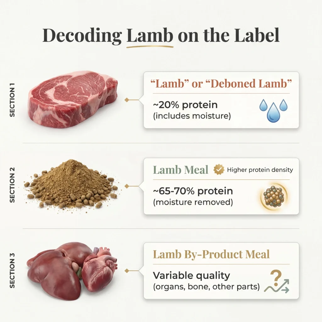 Dog food label decoder showing difference between lamb and lamb meal and lamb by-product ingredients