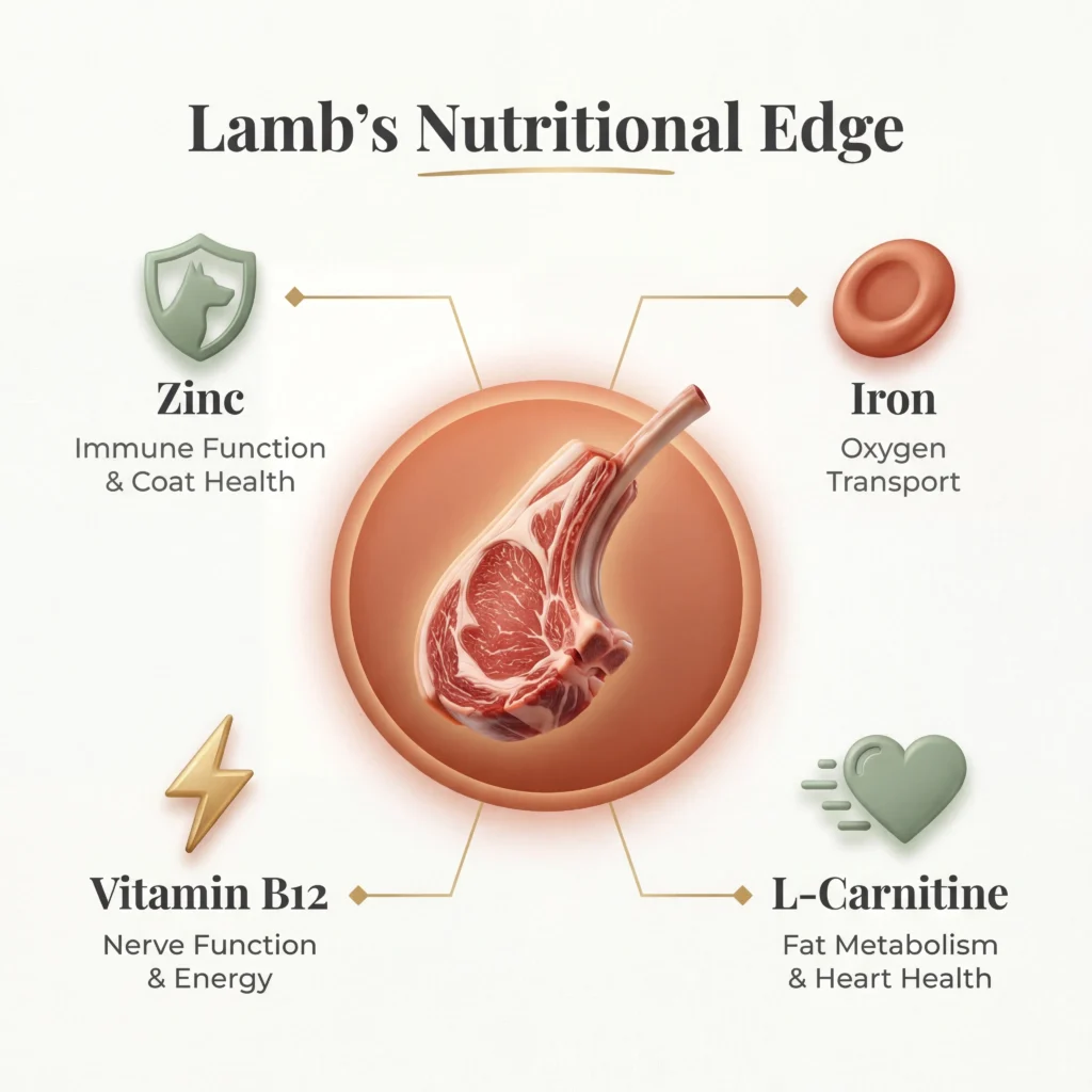 Lamb micronutrients infographic showing zinc iron B12 and L-carnitine benefits for dog health