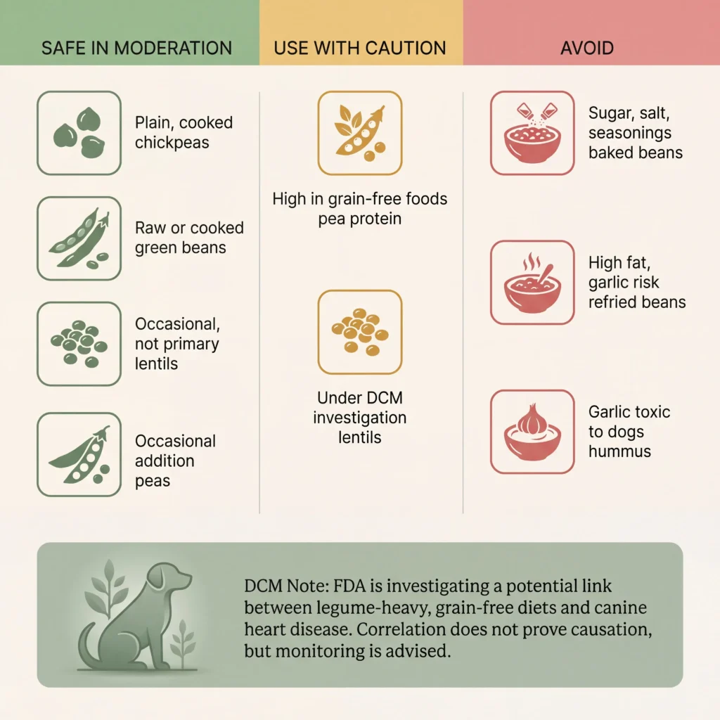 Legumes for dogs safety guide showing chickpeas green beans lentils and peas as safe options with baked beans and hummus to avoid
