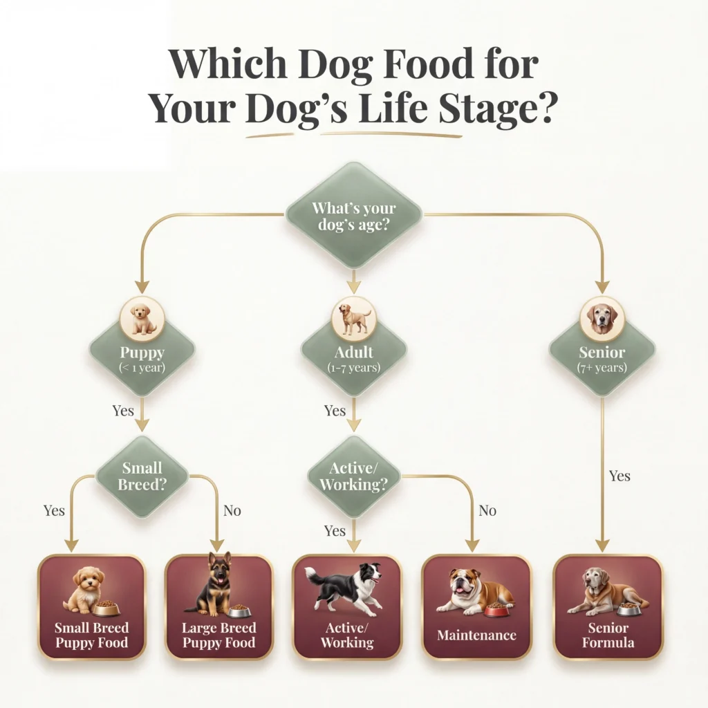 Life stage feeding decision flowchart showing how to choose dog food based on puppy, adult, or senior age and breed size