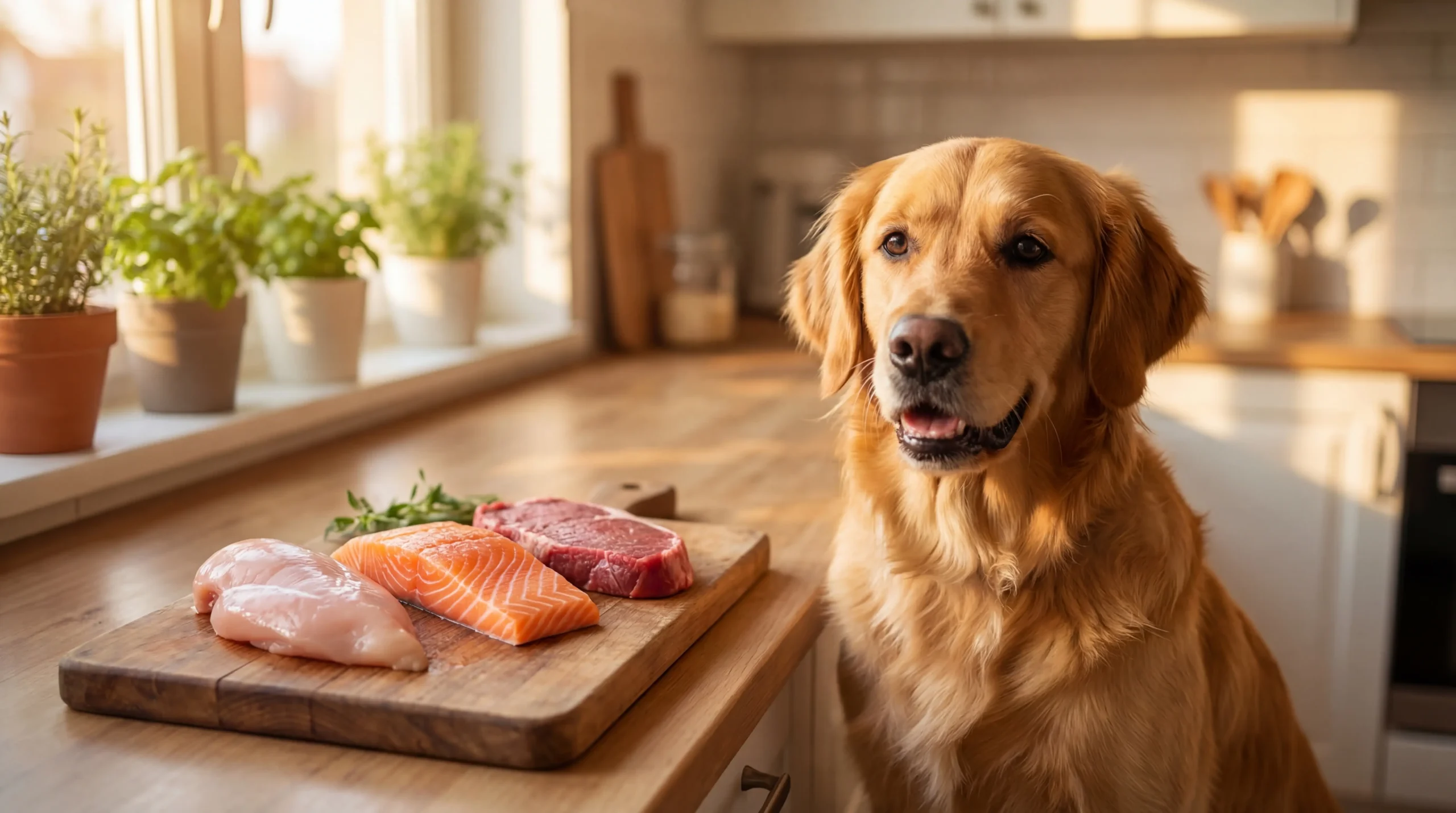 Meat fish and bones safe for dogs displayed on cutting board with attentive golden retriever in modern kitchen