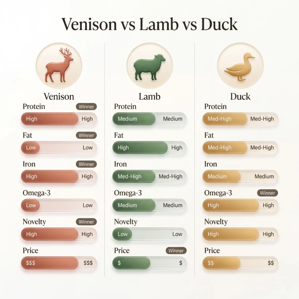 Novel protein comparison chart showing venison lamb and duck across six nutritional factors including protein fat and iron content