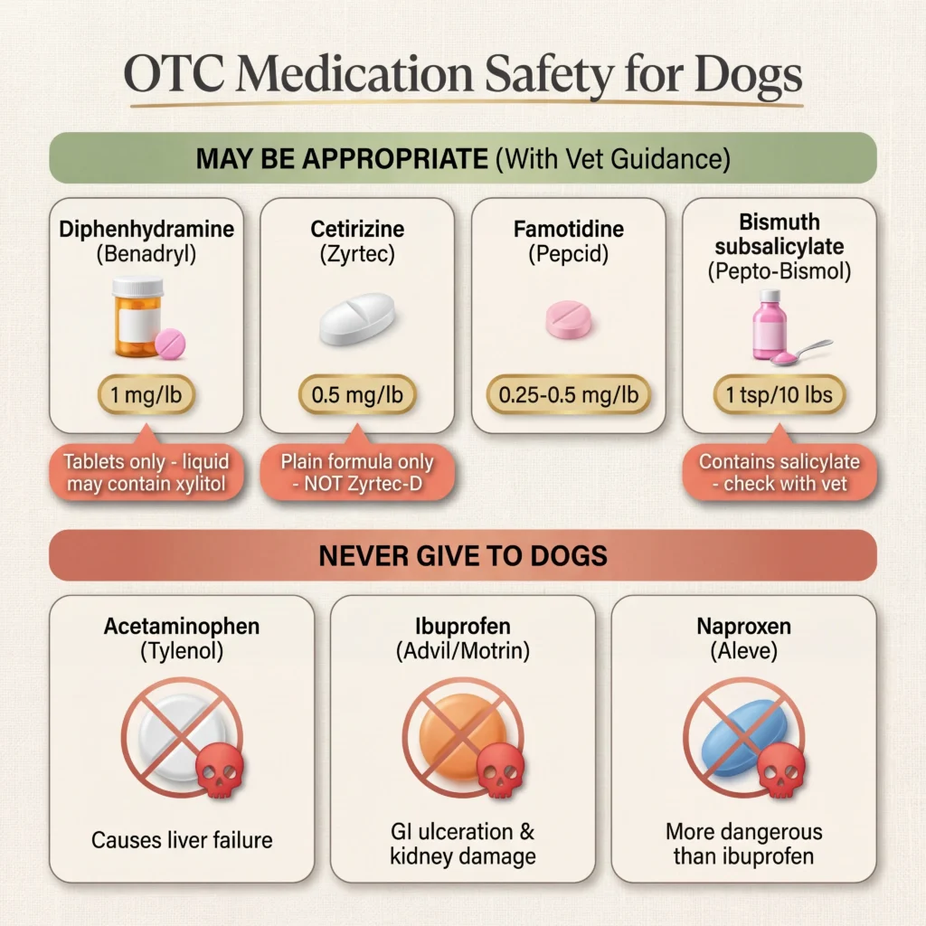 Over the counter medicine for dogs comparison chart showing Benadryl Zyrtec Pepcid as potentially safe with dosing and Tylenol ibuprofen as never safe