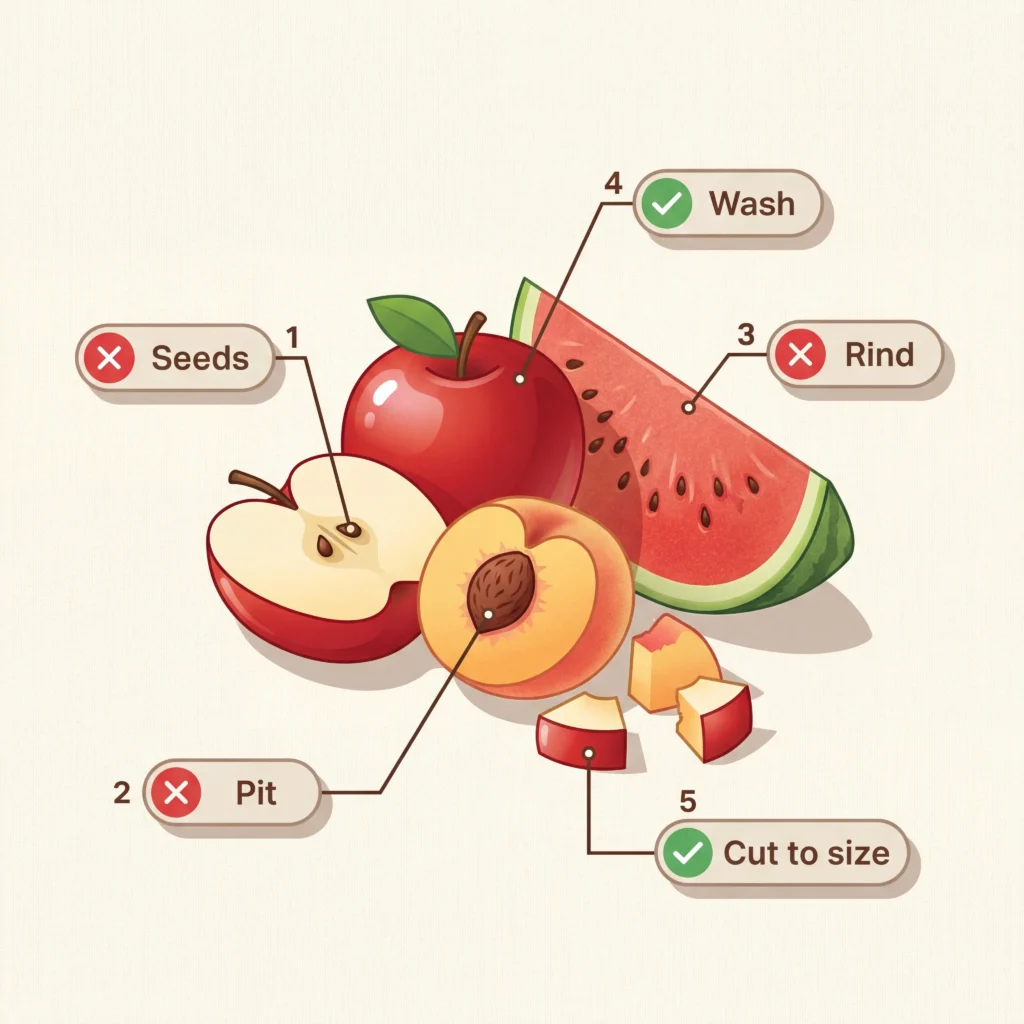 Fruit prep checklist for dogs showing what to remove including pits seeds and rinds with washing and cutting steps