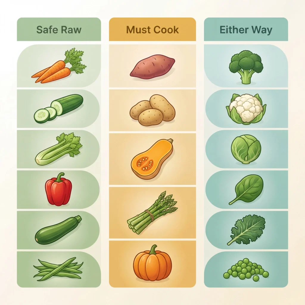 Comparison chart showing which vegetables dogs can eat raw versus which require cooking organized in three color-coded columns