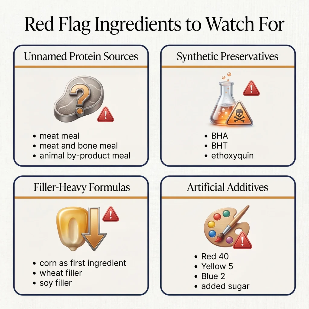 Infographic showing four categories of red flag ingredients in bad dog food including unnamed proteins synthetic preservatives fillers and artificial additives