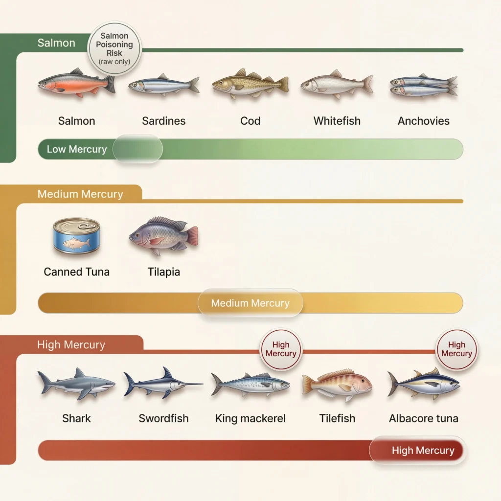 Safe fish for dogs comparison chart ranking salmon sardines and cod as low mercury versus shark and swordfish as dangerous high mercury species