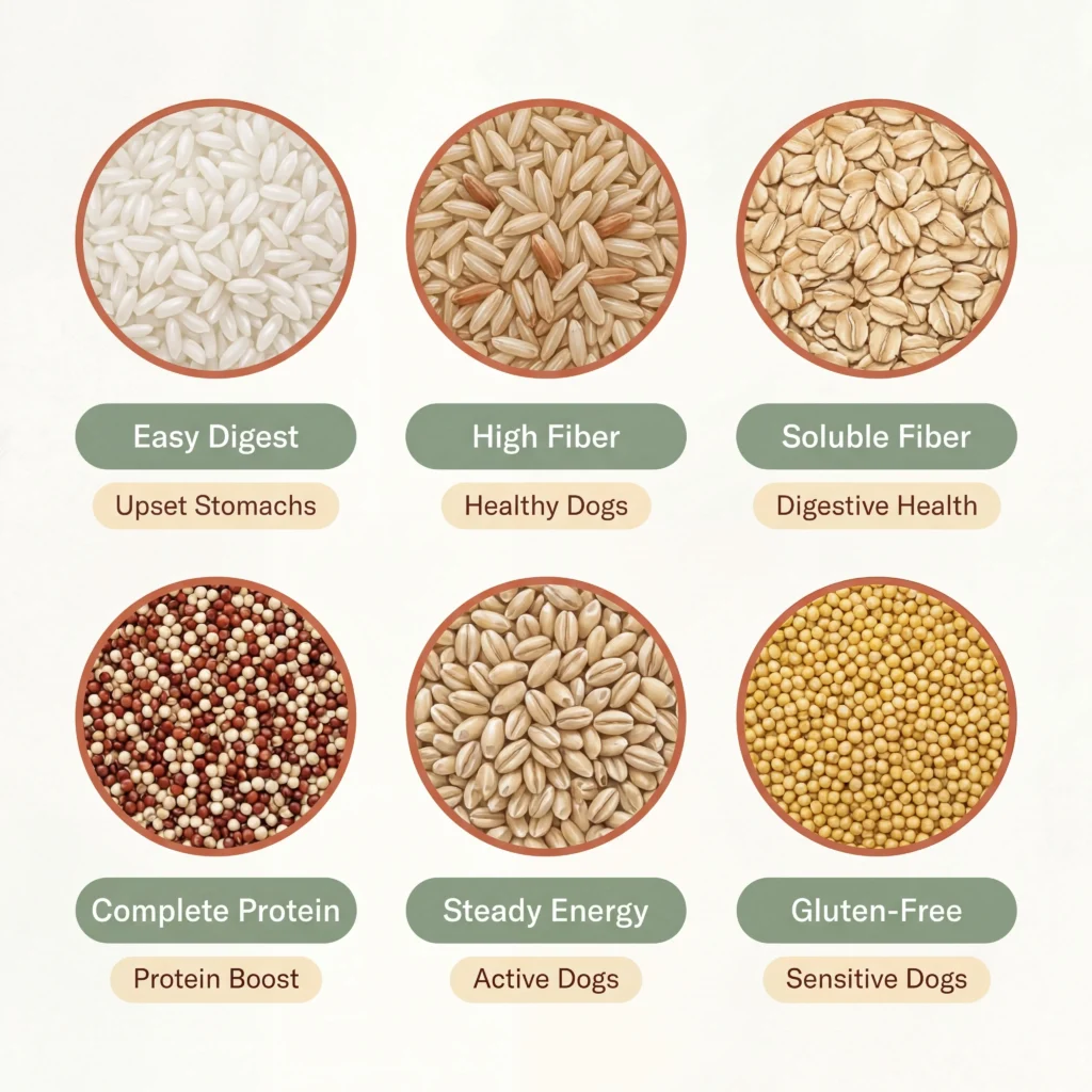 Safe grains for dogs comparison showing rice oats quinoa barley and millet with benefits and best uses for each grain type
