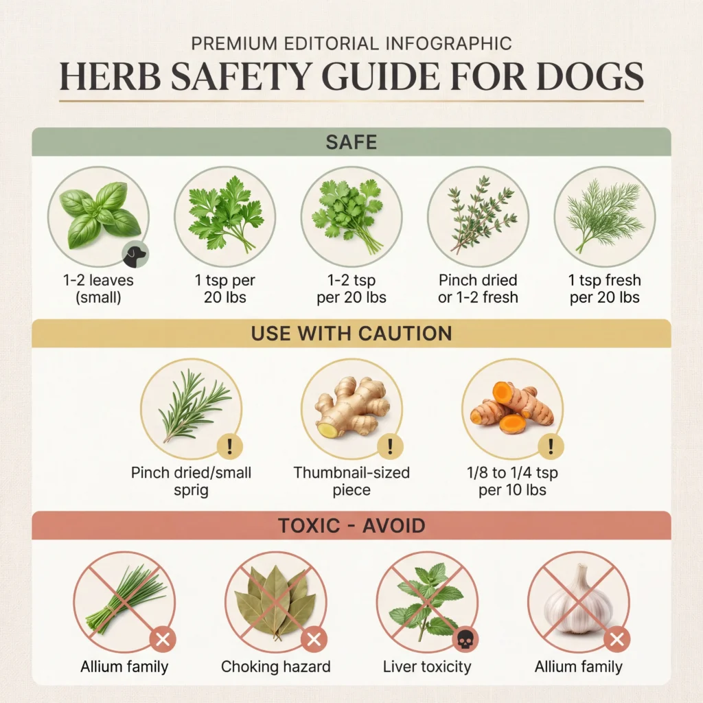 Safe herbs for dogs infographic showing basil parsley cilantro thyme as safe and chives garlic pennyroyal as toxic with dosing indicators