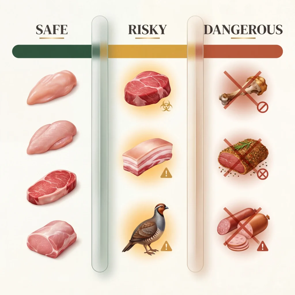 Safe meats for dogs infographic showing chicken turkey beef as safe proteins versus risky raw meat and dangerous cooked bones