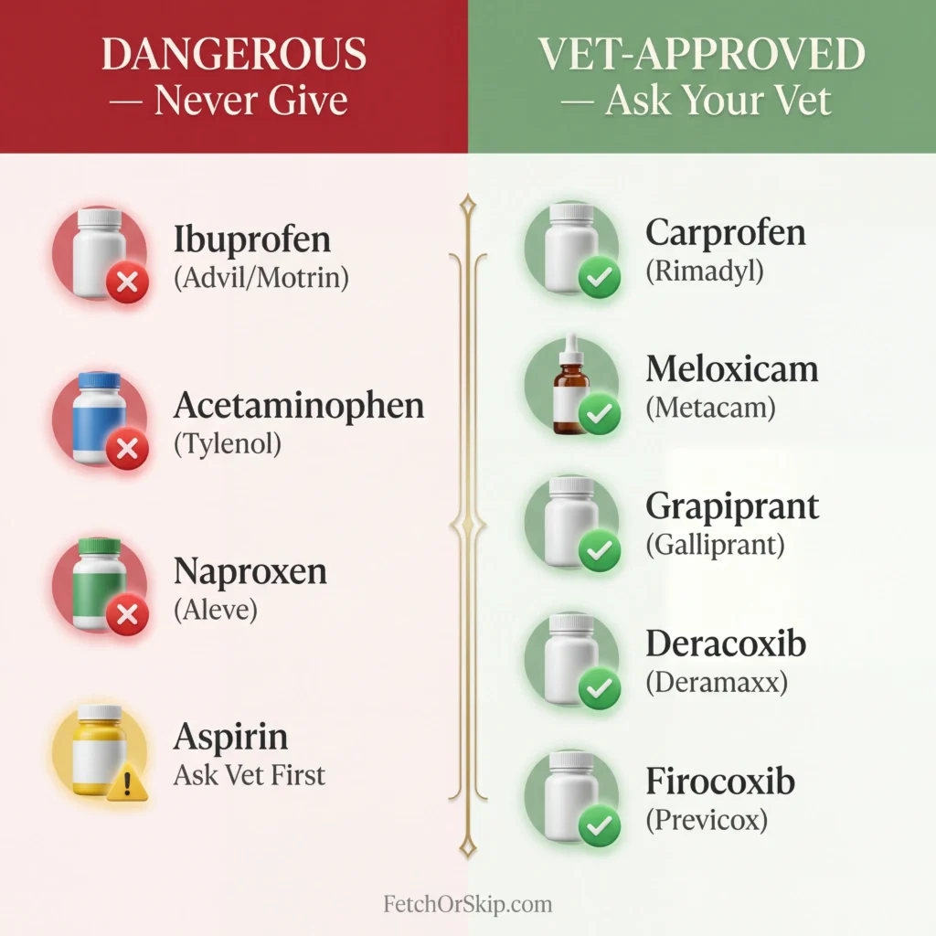 Comparison chart of safe pain medications for dogs versus dangerous human painkillers showing vet-approved NSAIDs like carprofen and meloxicam
