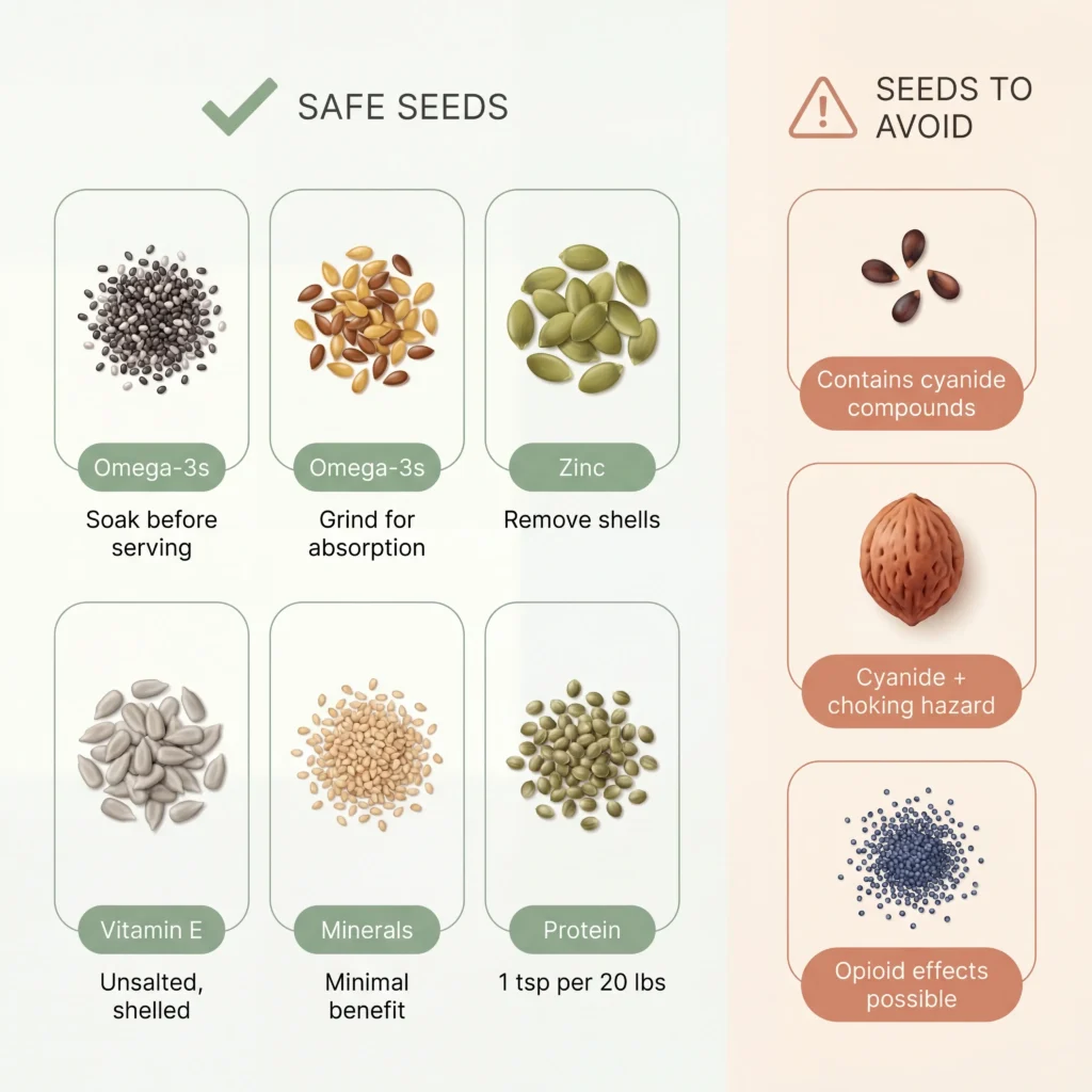 Seeds dogs can eat checklist showing chia flax pumpkin sunflower sesame and hemp as safe with apple seeds cherry pits and poppy to avoid