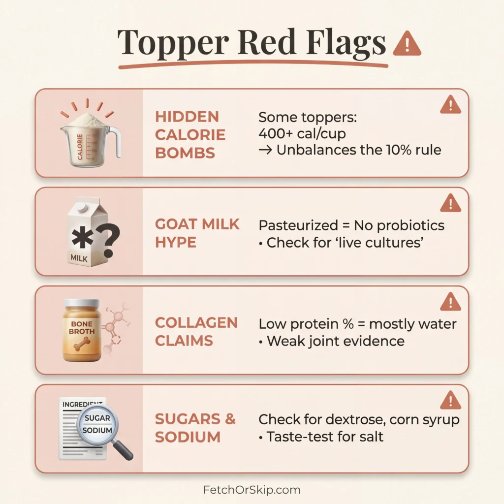 Dog food topper red flags including hidden calories goat milk hype collagen claims and added sugars to watch for