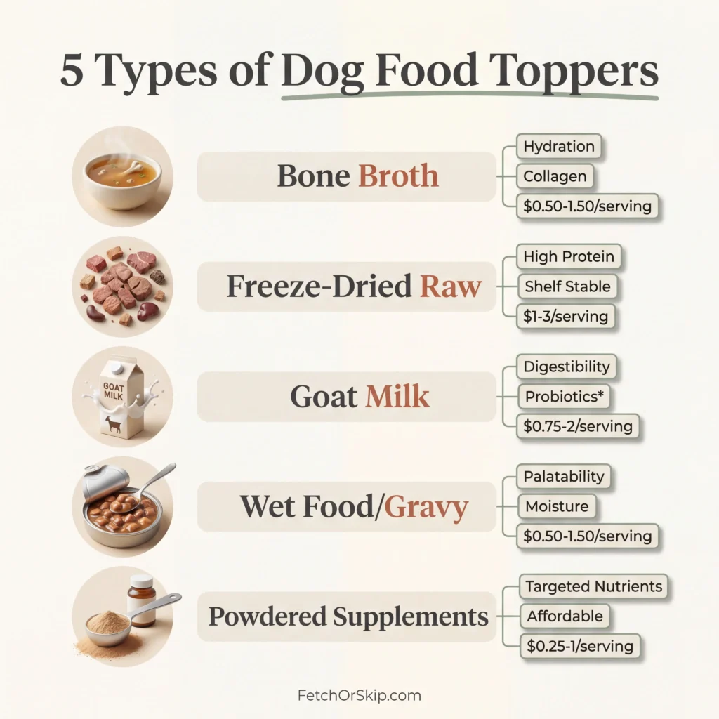 Five types of bone broth toppers freeze-dried goat milk wet food and powder supplements compared with cost and benefits