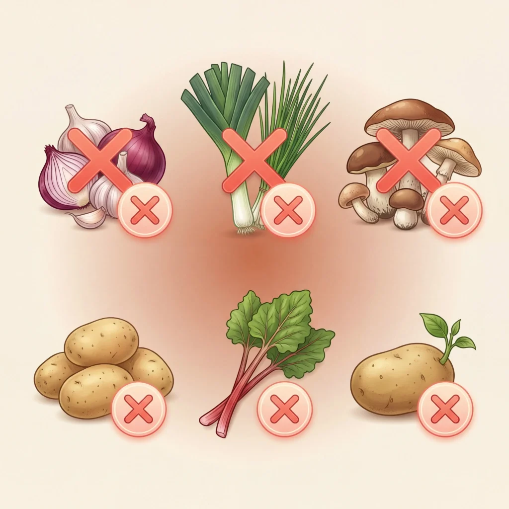 Warning infographic showing six toxic vegetables for dogs including onions garlic wild mushrooms and raw potatoes with danger indicators